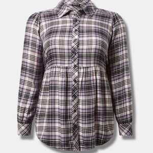 Torrid Brushed Acrylic Flannel Tie Back Button Up Tunic Purple Plaid Size 0 L/12